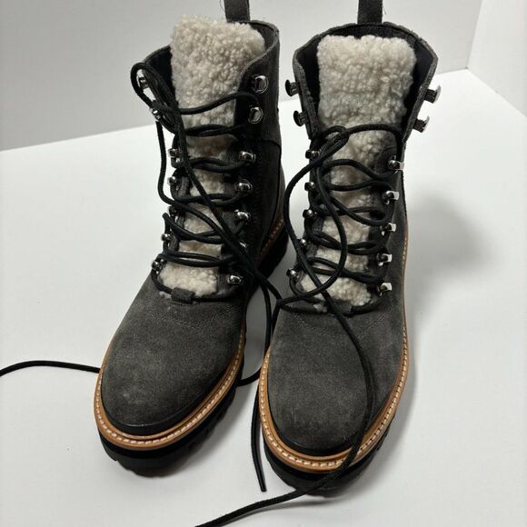 Marc Fisher Izzie Genuine Shearling Lace Up Boot Gray Suede Size 6 - Picture 4 of 9
